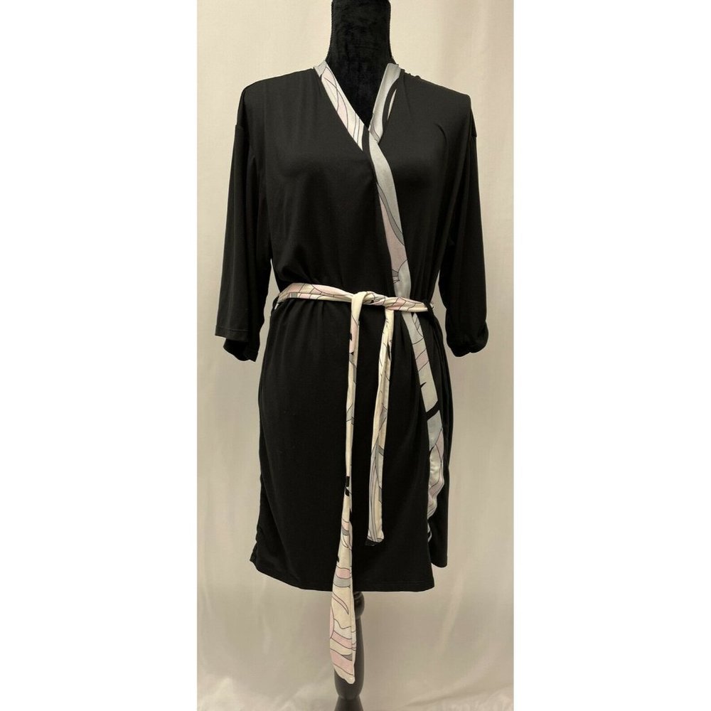 FLORA NIKROOZ Belted Robe Size XL Soft Stretch Inner Black And Geo Pastel Print